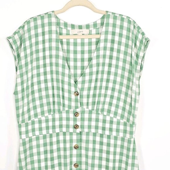 Loft Gingham Button Flare Dress Womens 16 Green White Cottage Country Western - Picture 8 of 13